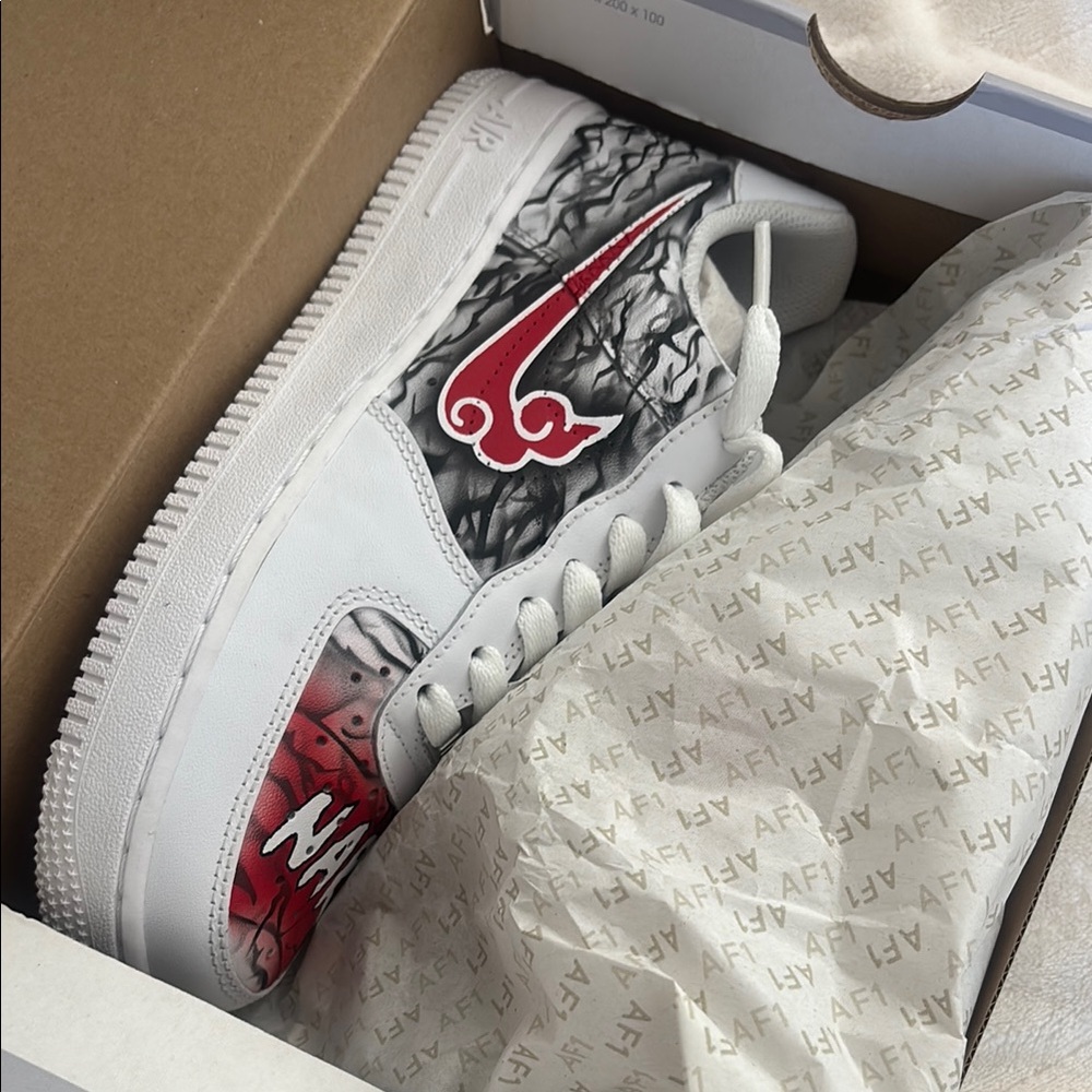 Custom White Sneakers with Red and Black Graphic Accent